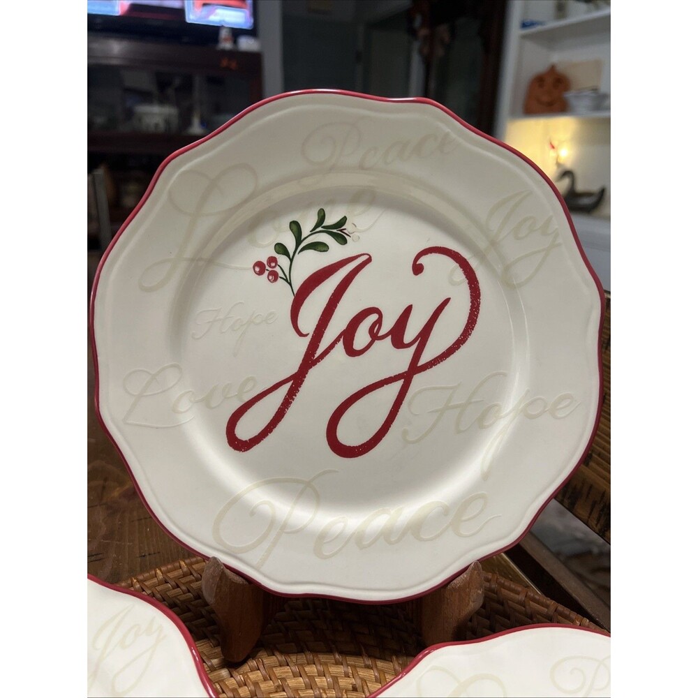 4 Better Homes and Gardens Winter Forest Christmas Salad/Dessert Plates “Joy”